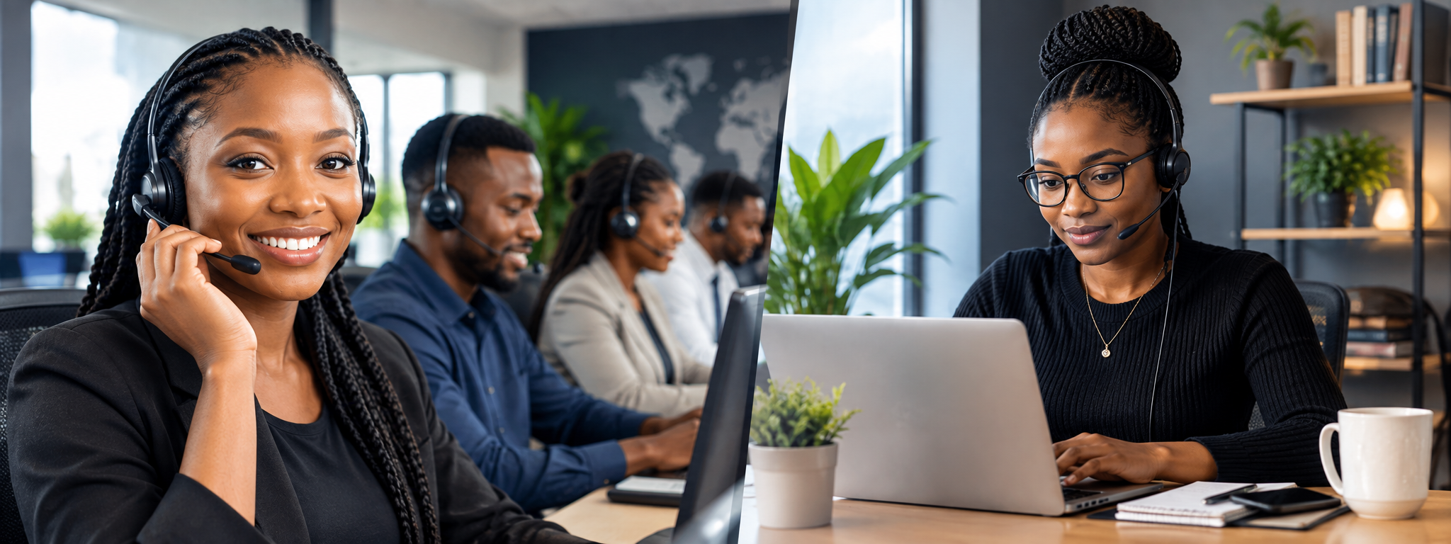 Customer support agent wearing a headset assisting international clients