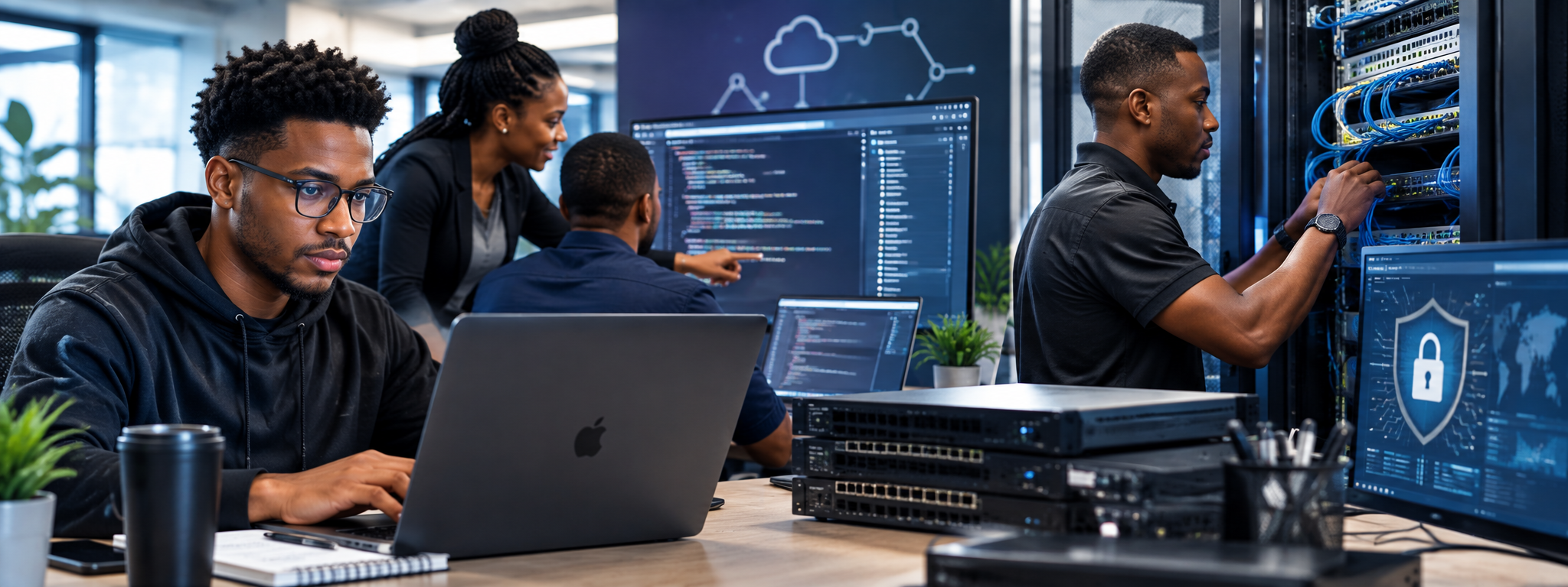 Finance and IT specialists collaborating at laptops in a modern office